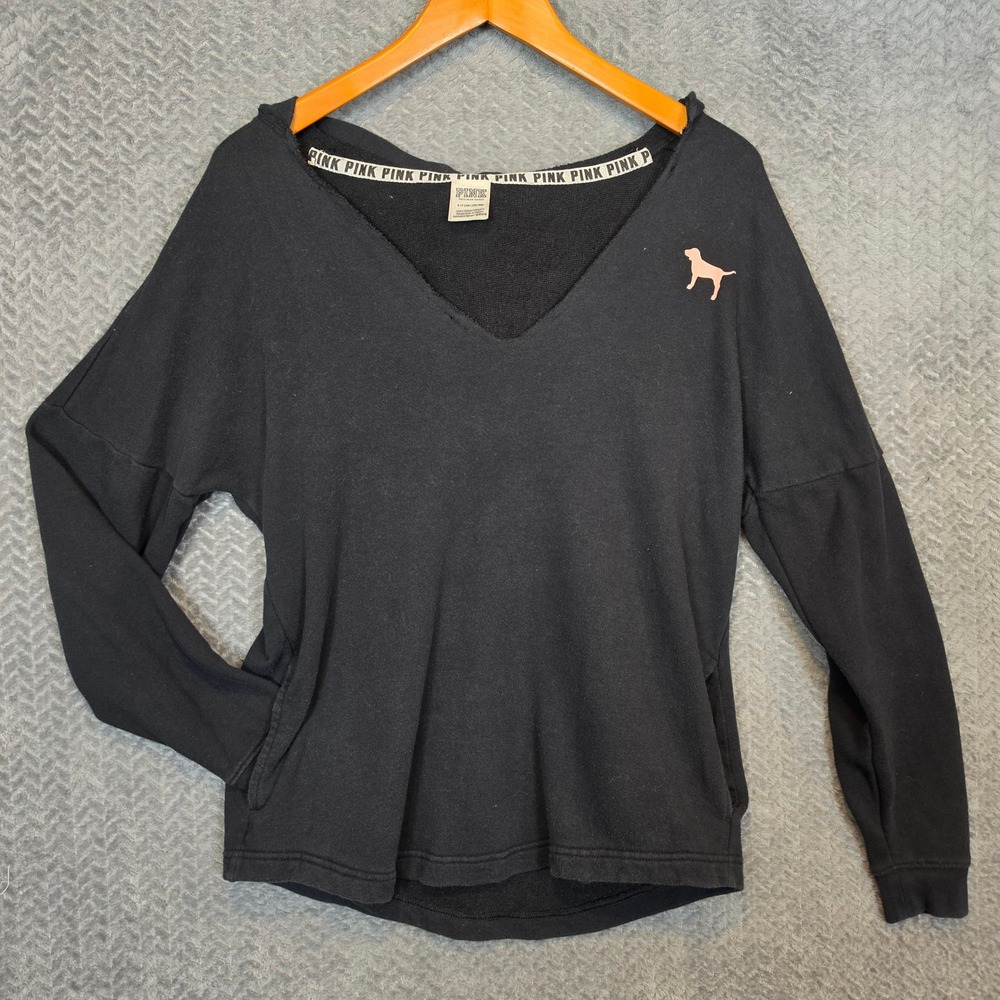 PINK Victoria's Secret Black V-Neck Hoodie Love Pink Graphic Sweatshirt Small